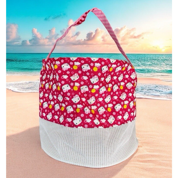 Hello Kitty Shell Collecting Bag Mesh Tote Pink Kawaii Beach Coastal Vacation - Picture 1 of 6